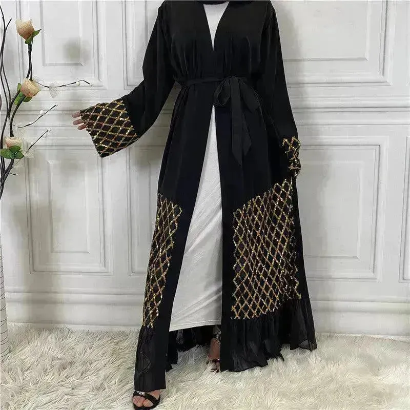 Sequined Embroidered Outerwear Robe  Turkey Arab Dubai Middle East Women's Chiffon Cardigan Abaya Dress