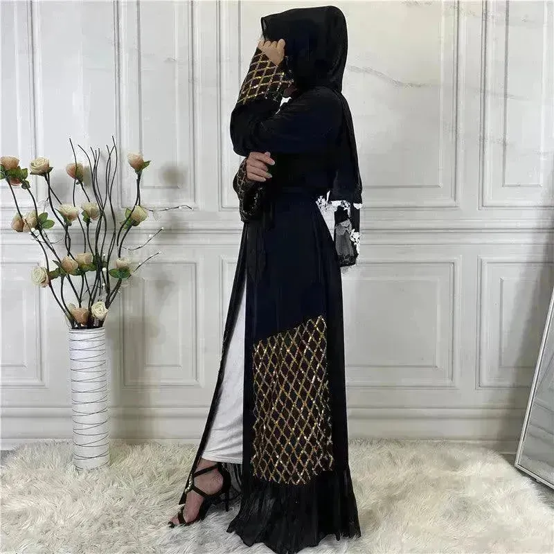 Sequined Embroidered Outerwear Robe  Turkey Arab Dubai Middle East Women's Chiffon Cardigan Abaya Dress