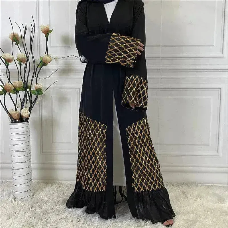 Sequined Embroidered Outerwear Robe  Turkey Arab Dubai Middle East Women's Chiffon Cardigan Abaya Dress