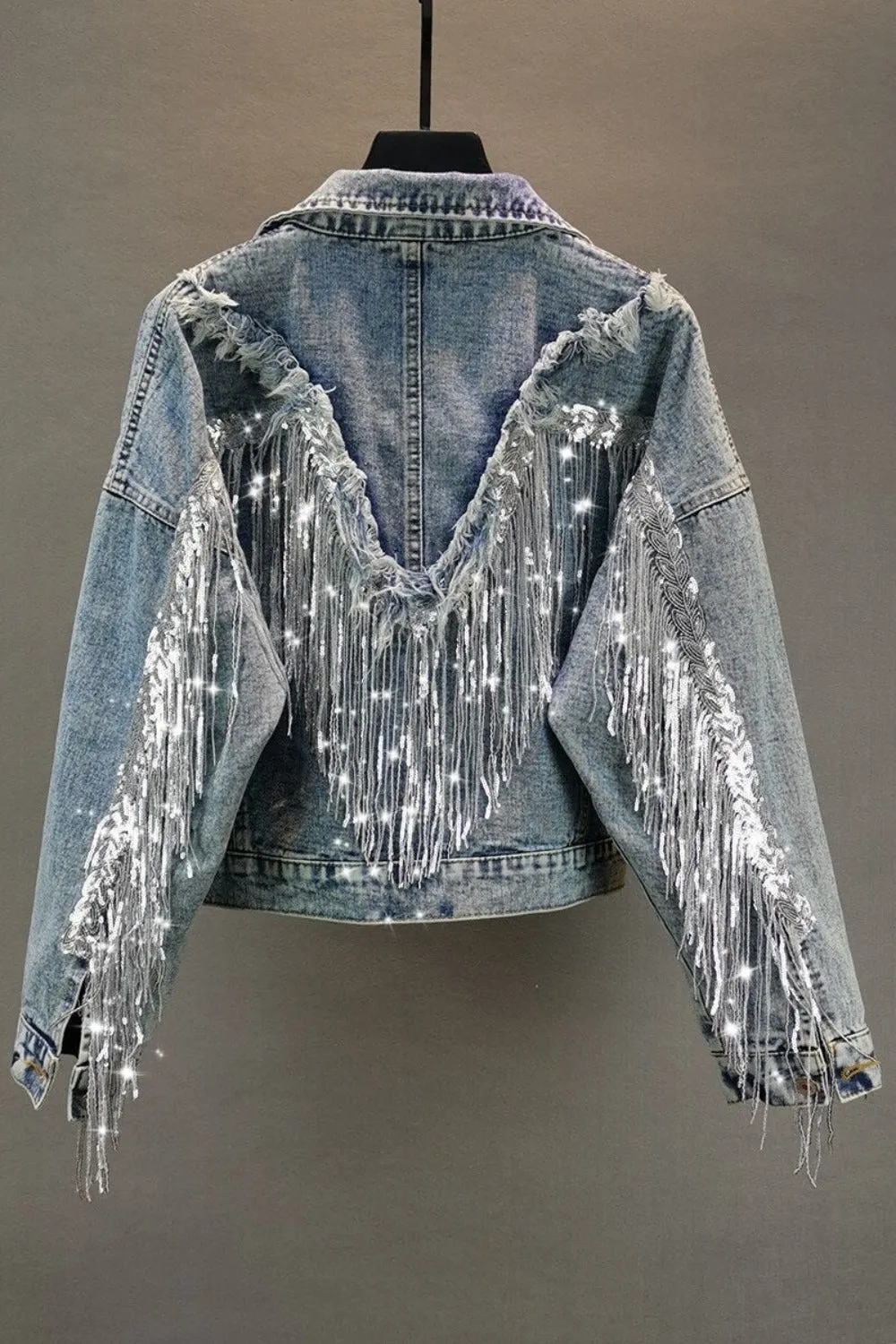 Sequined Fringed Short Style Denim Jacket