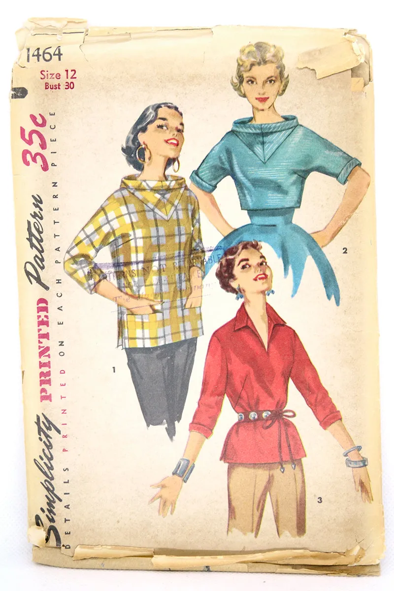 Simplicity 1464 Overshirt Blouse Vintage 1955 Sewing Pattern