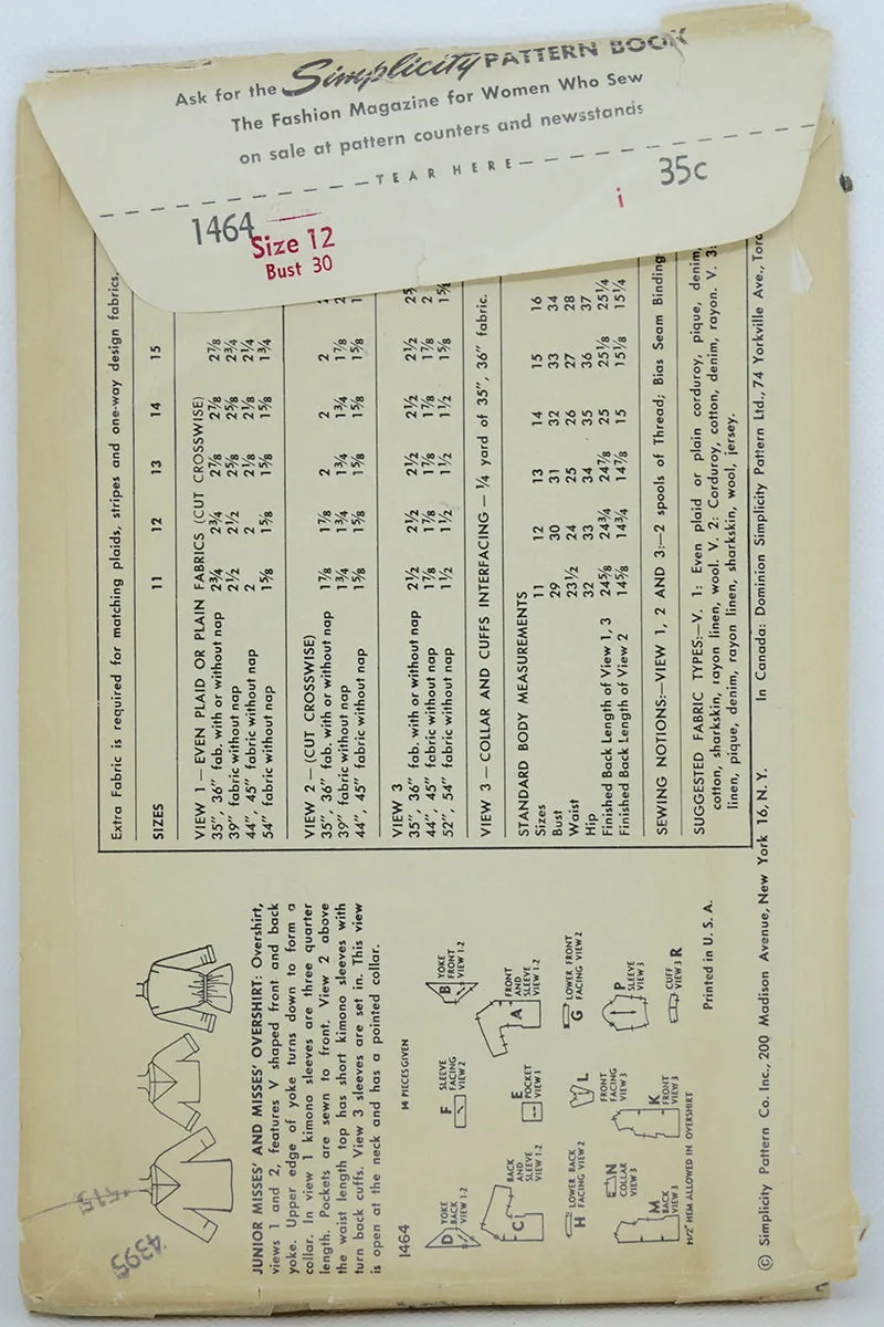 Simplicity 1464 Overshirt Blouse Vintage 1955 Sewing Pattern