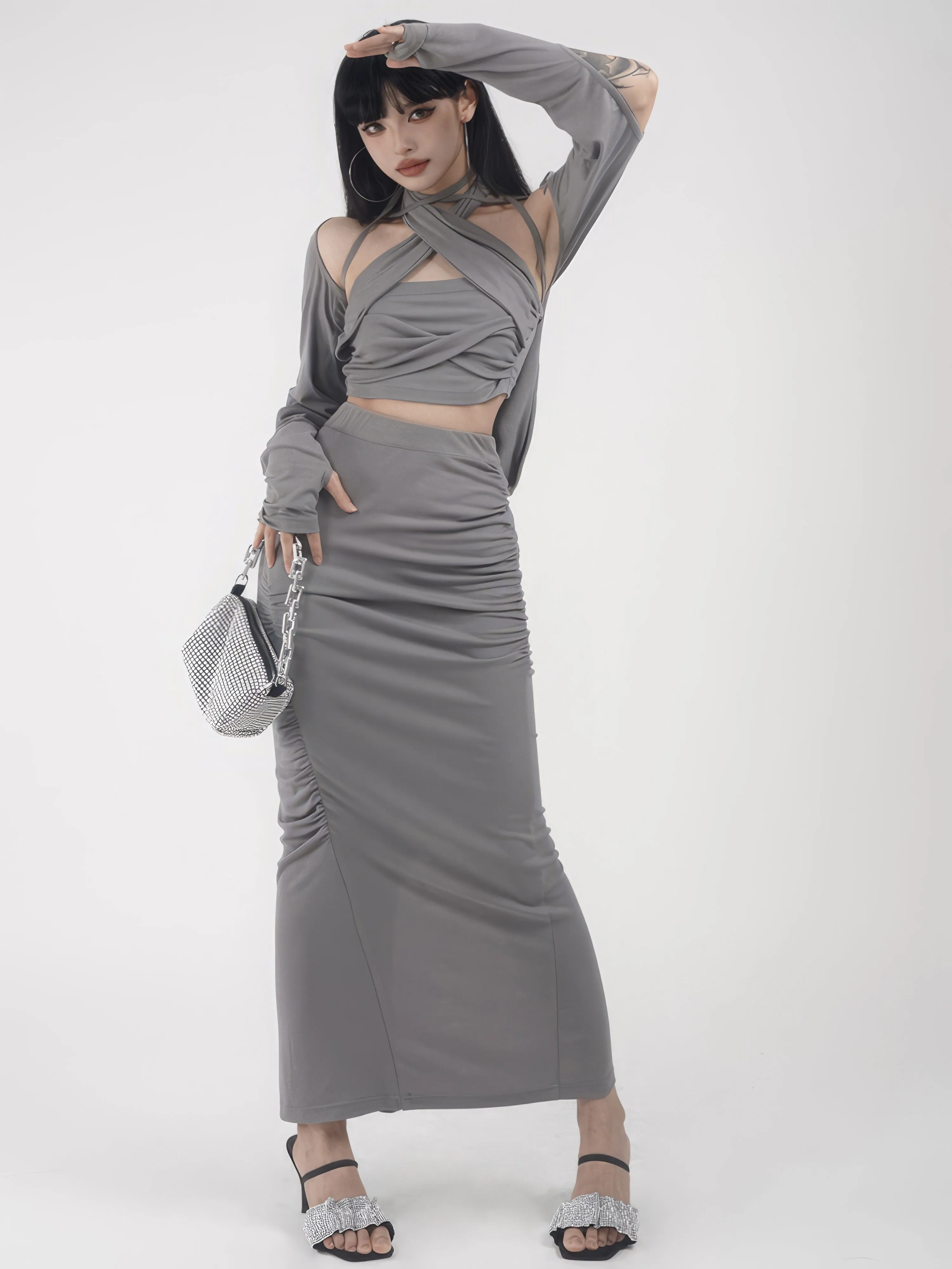 Skinny Criss-Cross Halter Top with Bolero Shrug and Ruched Midi Skirt Three-Piece Set