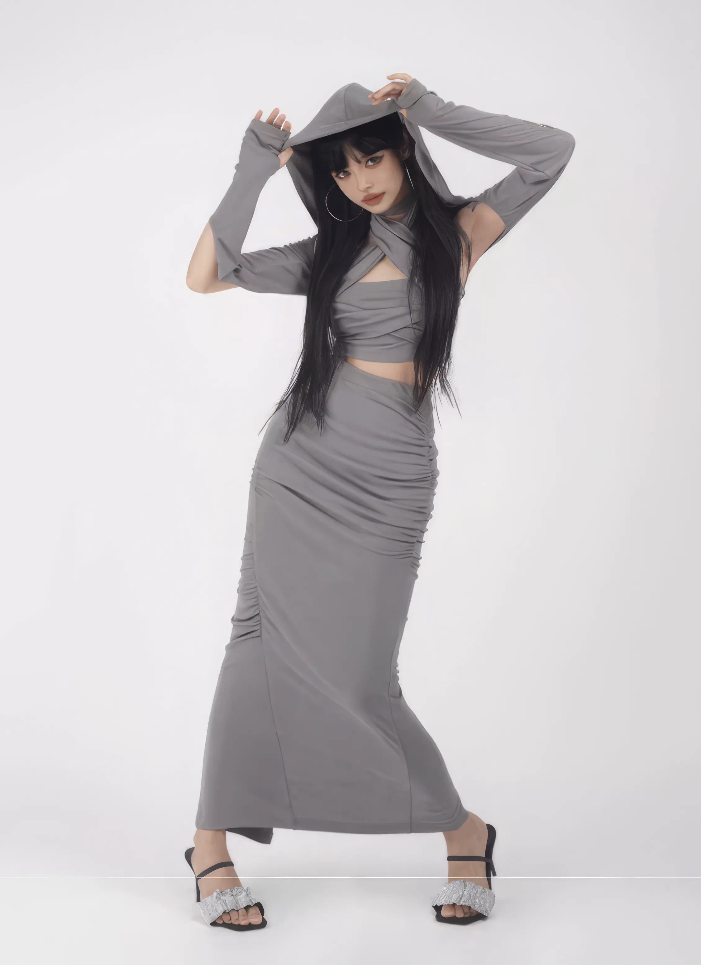 Skinny Criss-Cross Halter Top with Bolero Shrug and Ruched Midi Skirt Three-Piece Set