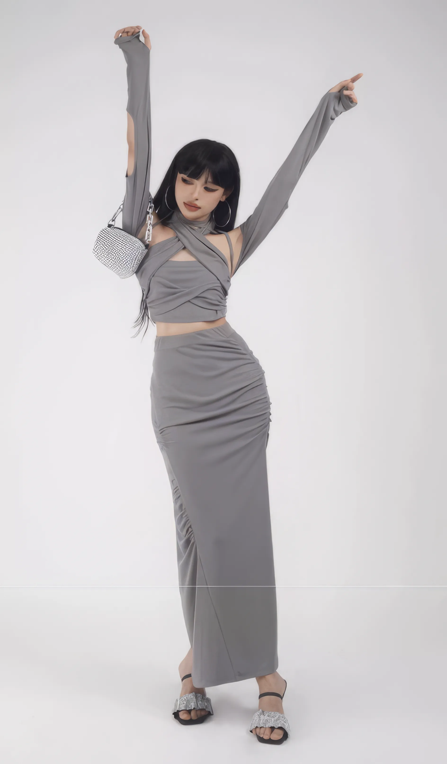 Skinny Criss-Cross Halter Top with Bolero Shrug and Ruched Midi Skirt Three-Piece Set