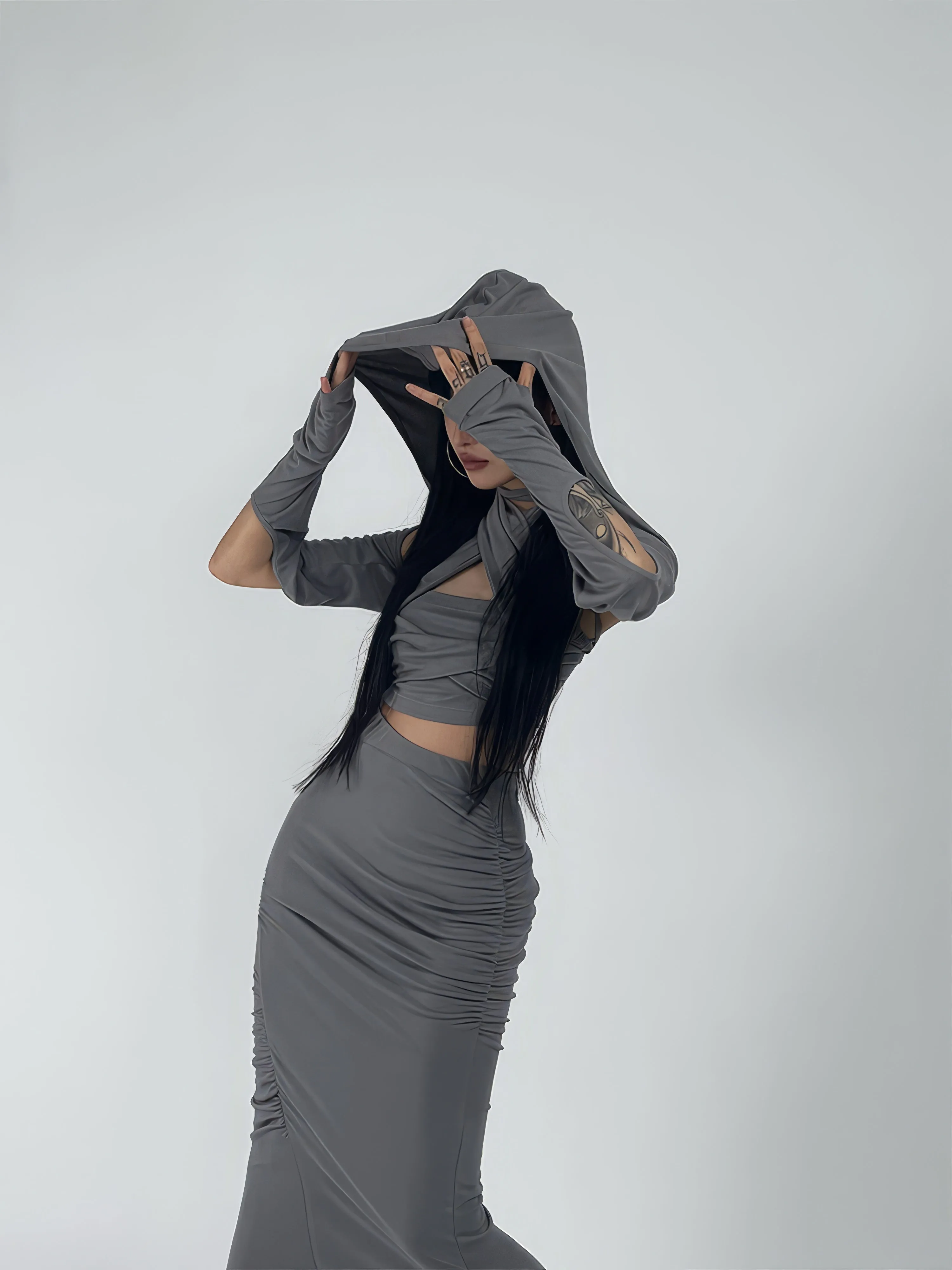 Skinny Criss-Cross Halter Top with Bolero Shrug and Ruched Midi Skirt Three-Piece Set