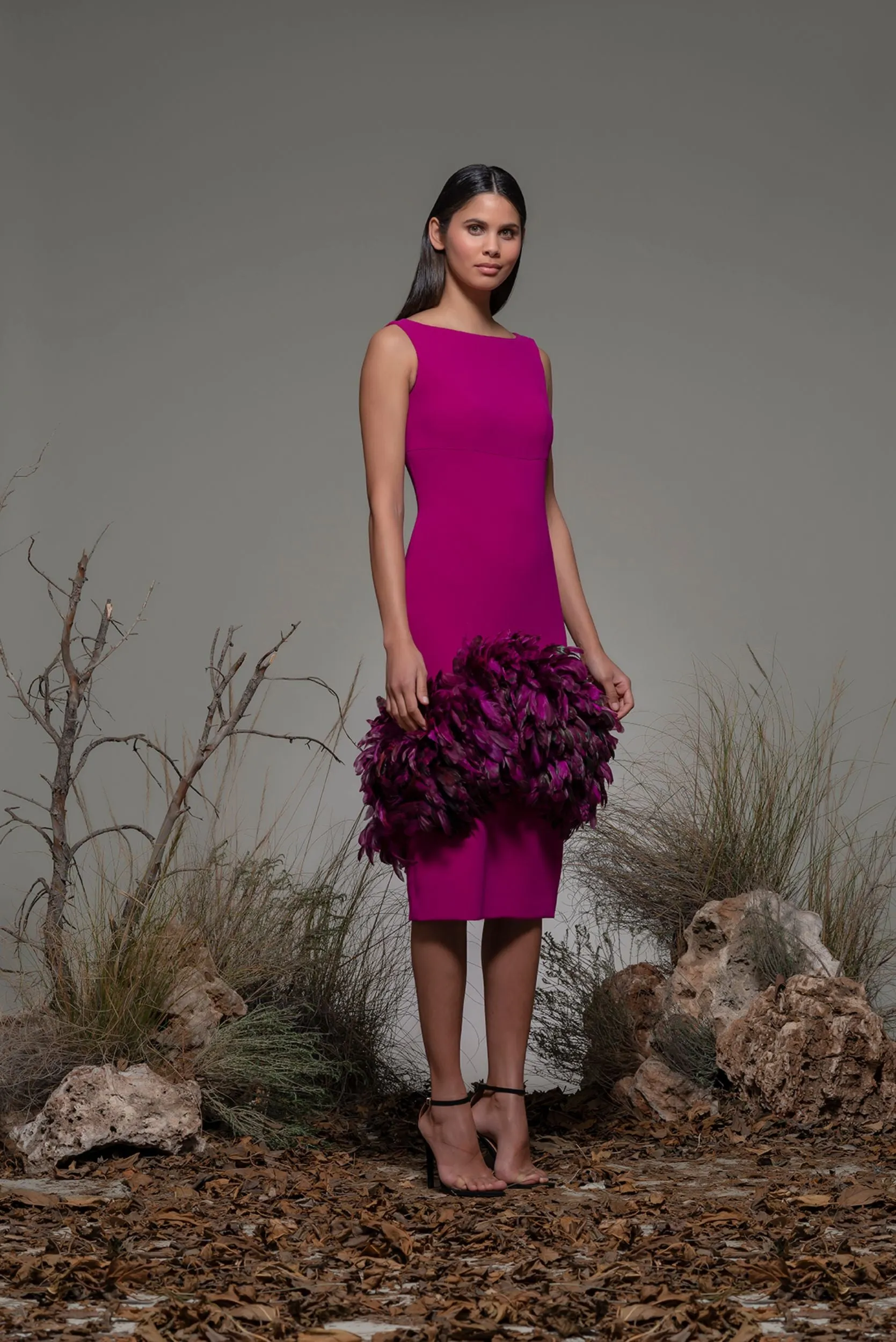 Sleeveless Column Midi Dress with Feathers