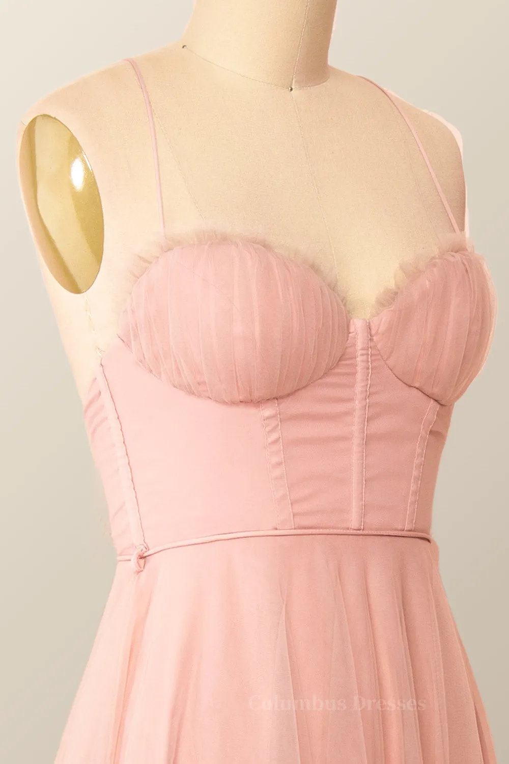 Spaghetti Straps Blush Pink Tulle A-line Midi Dress