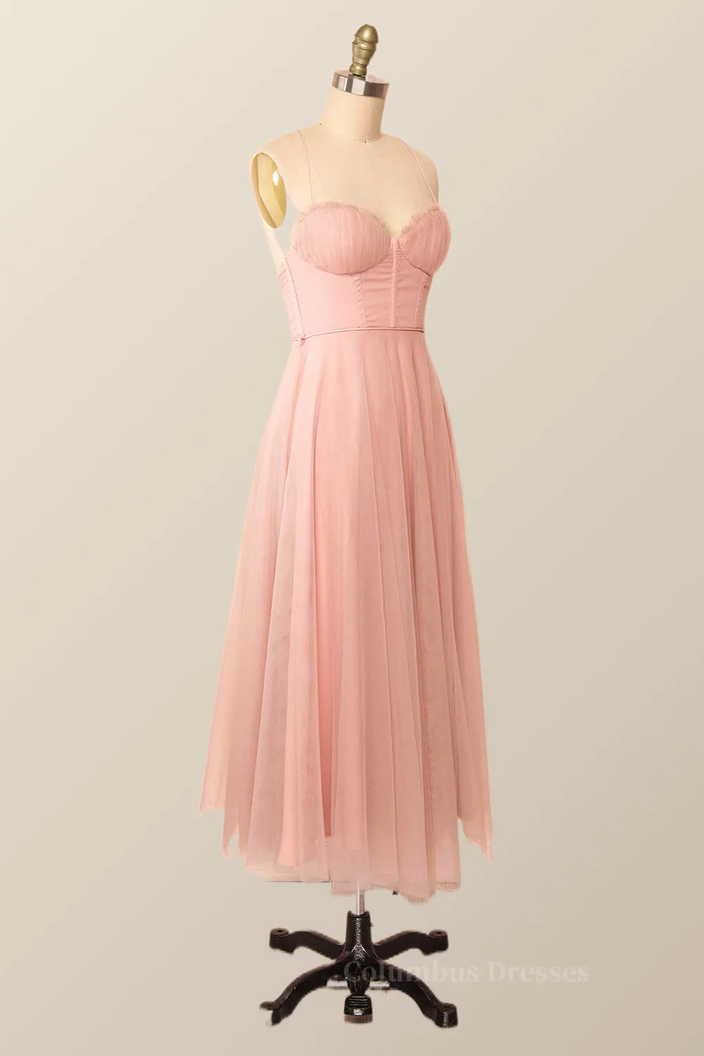 Spaghetti Straps Blush Pink Tulle A-line Midi Dress