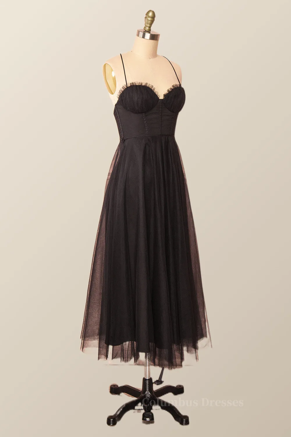 Spaghetti Straps Blush Pink Tulle A-line Midi Dress
