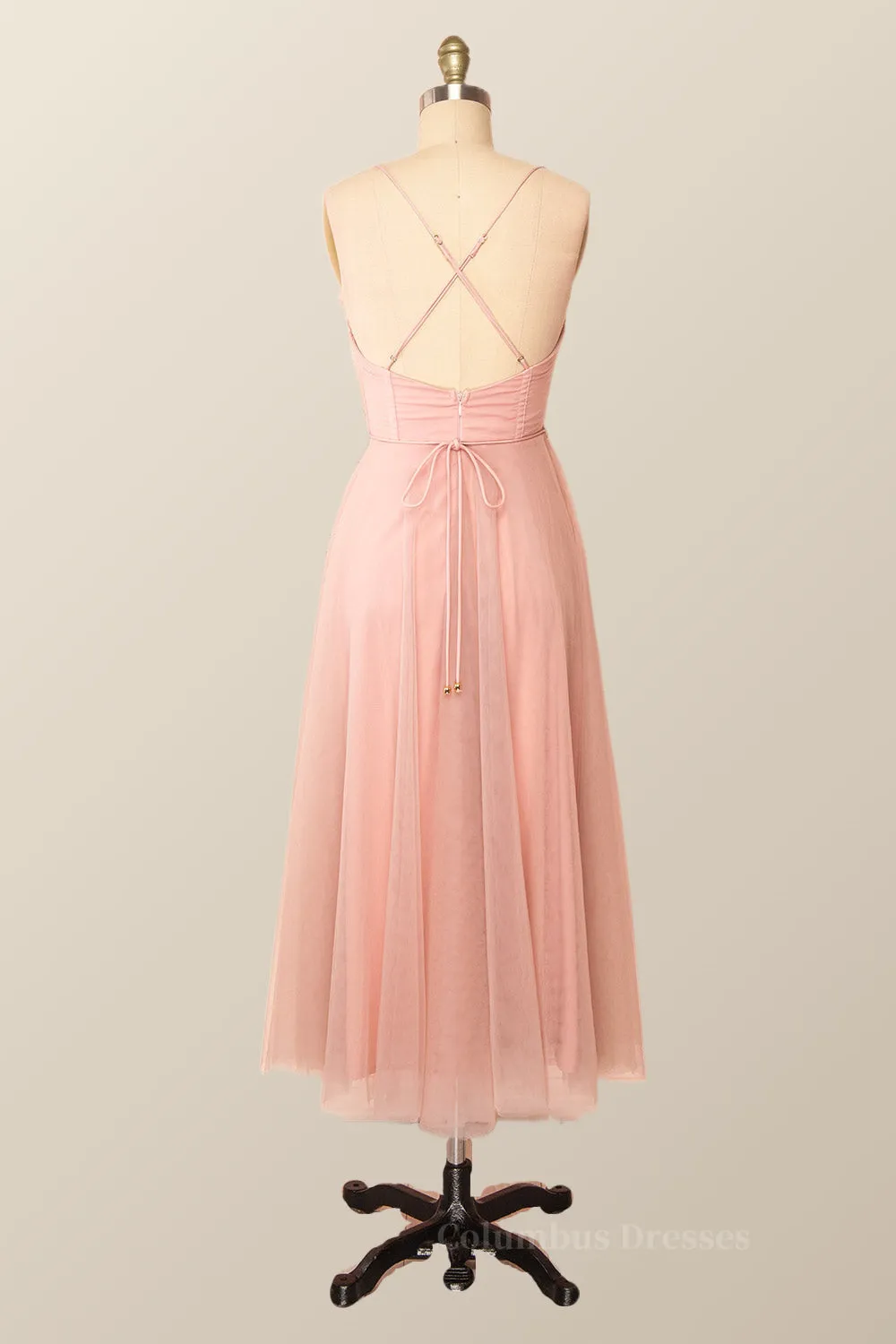 Spaghetti Straps Blush Pink Tulle A-line Midi Dress