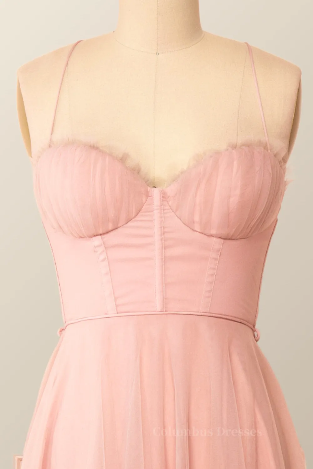 Spaghetti Straps Blush Pink Tulle A-line Midi Dress