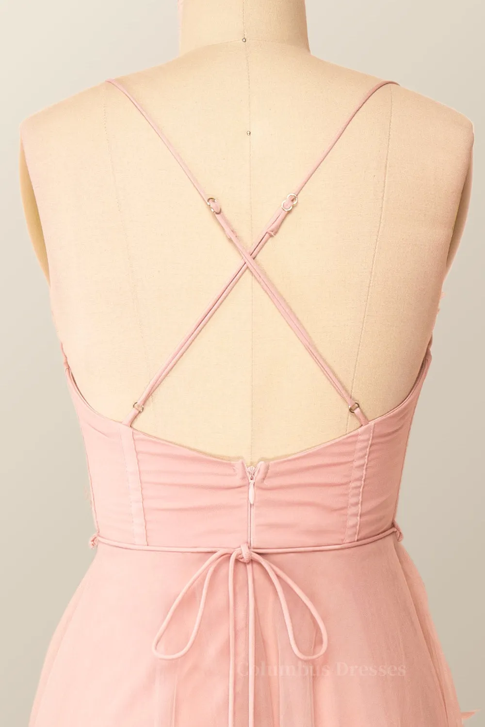 Spaghetti Straps Blush Pink Tulle A-line Midi Dress