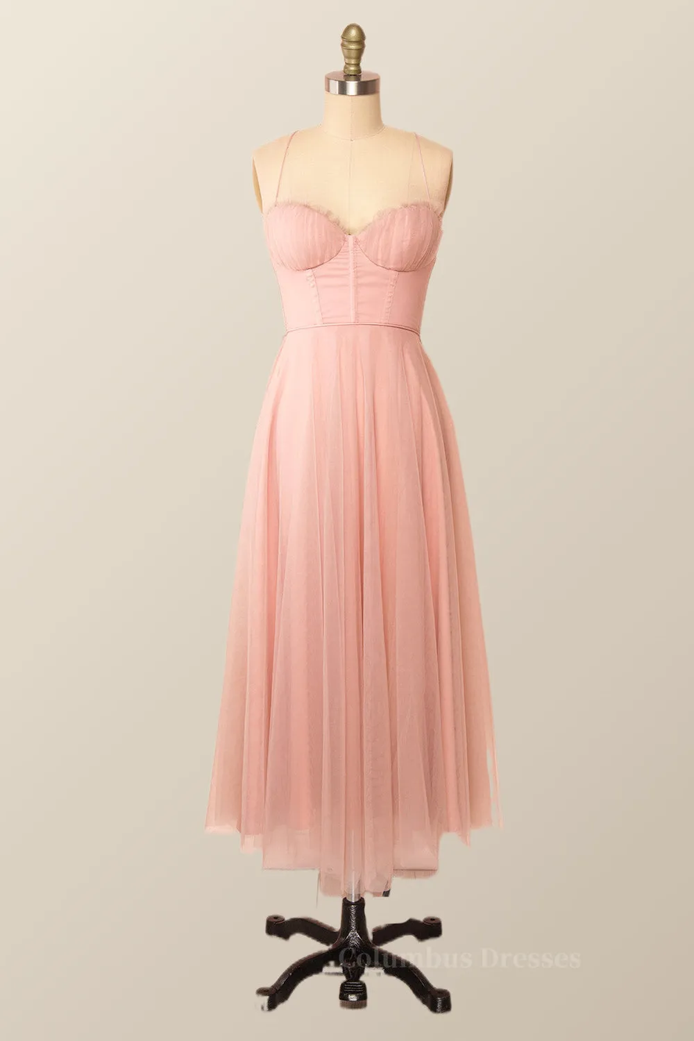 Spaghetti Straps Blush Pink Tulle A-line Midi Dress