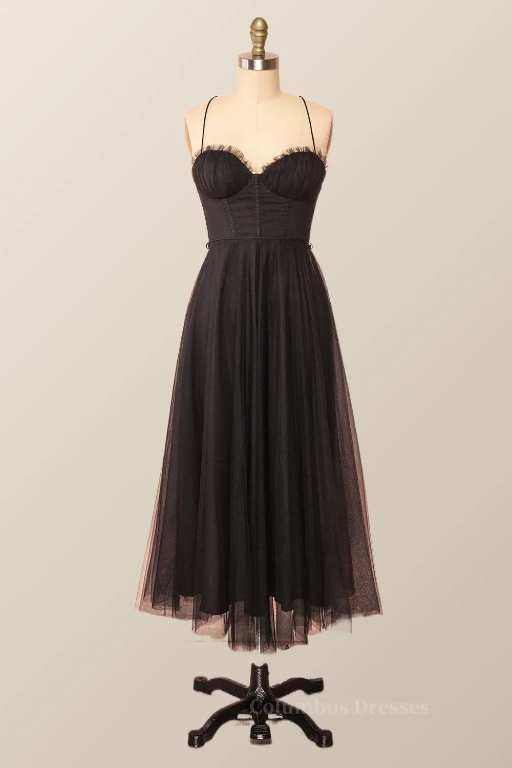 Spaghetti Straps Blush Pink Tulle A-line Midi Dress
