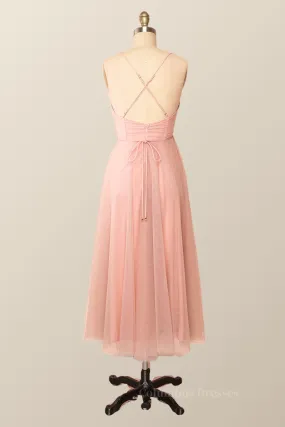 Spaghetti Straps Blush Pink Tulle A-line Midi Dress