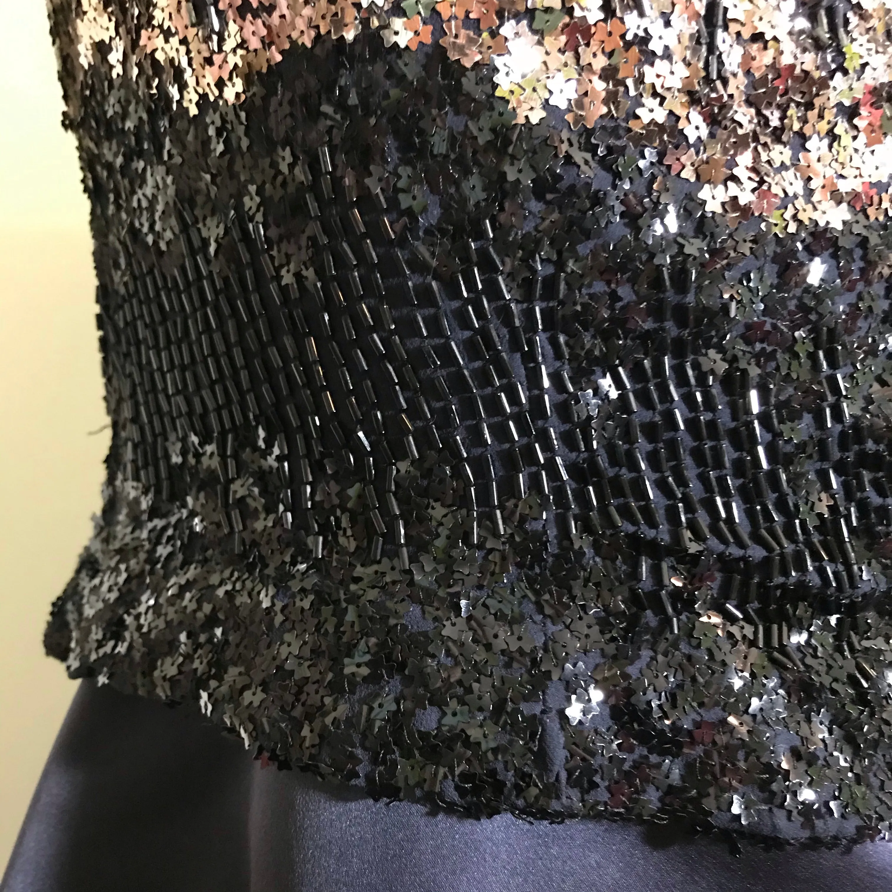 Sparkling Silver Star Sequined Bodice 3 Pc Deep Blue Silk Dress with Jacket circa 1960s
