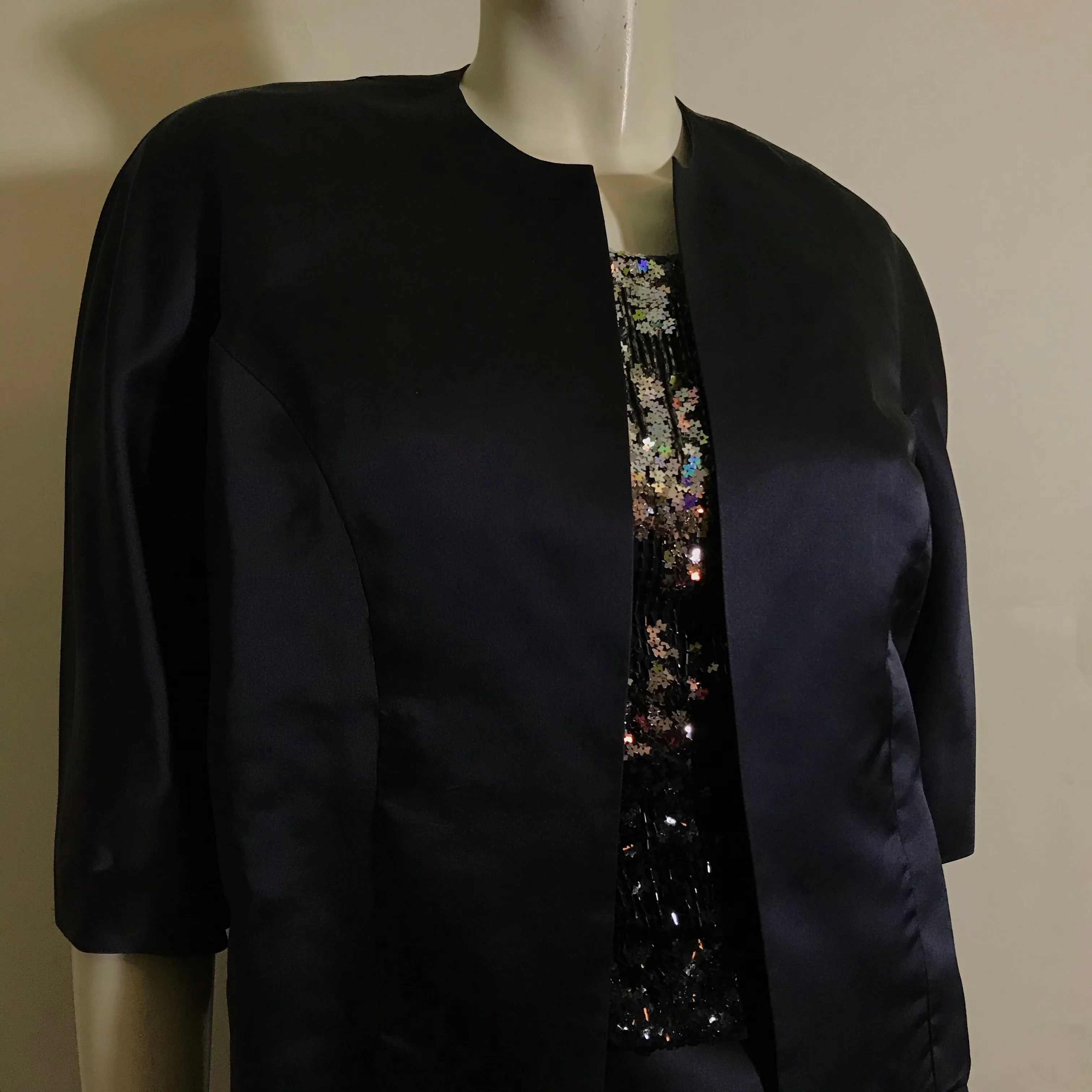 Sparkling Silver Star Sequined Bodice 3 Pc Deep Blue Silk Dress with Jacket circa 1960s