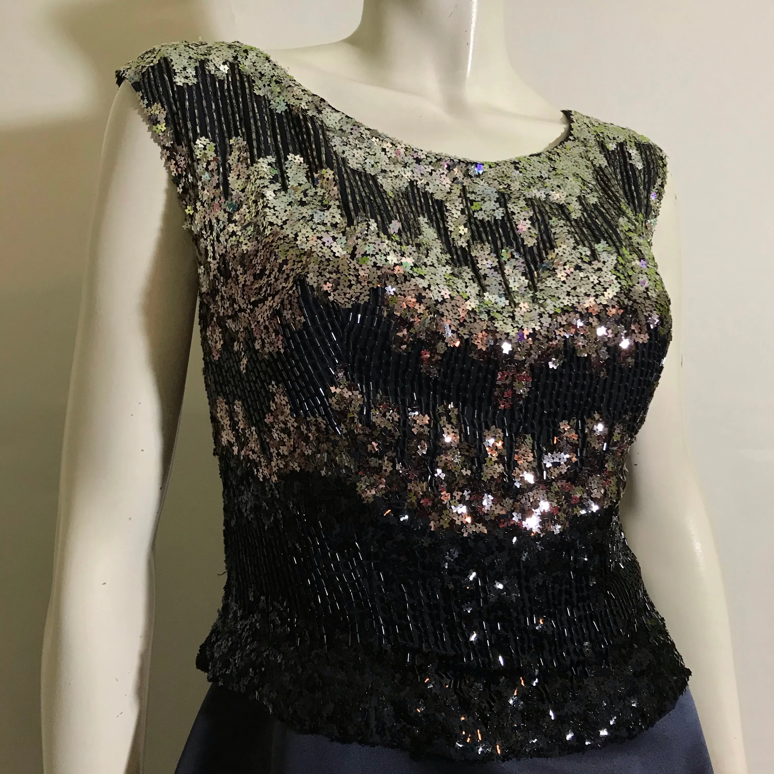 Sparkling Silver Star Sequined Bodice 3 Pc Deep Blue Silk Dress with Jacket circa 1960s
