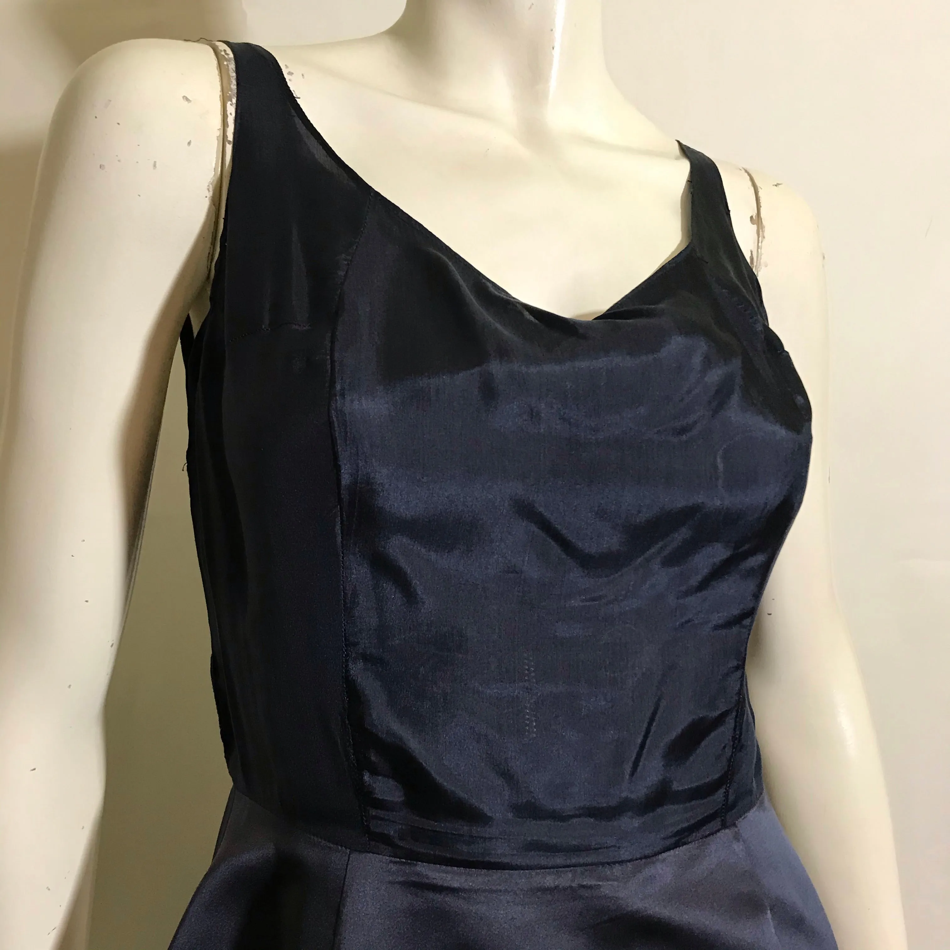Sparkling Silver Star Sequined Bodice 3 Pc Deep Blue Silk Dress with Jacket circa 1960s