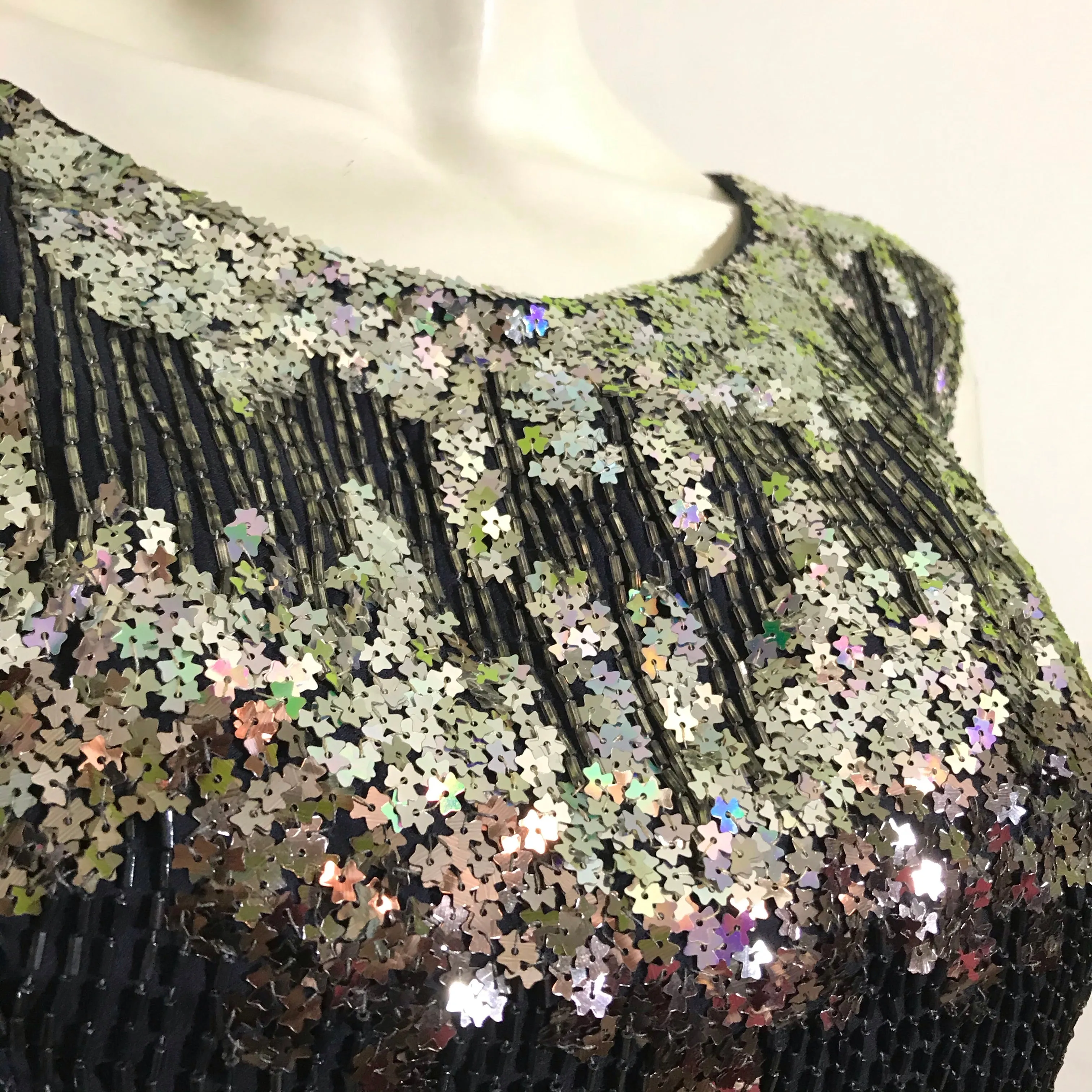 Sparkling Silver Star Sequined Bodice 3 Pc Deep Blue Silk Dress with Jacket circa 1960s