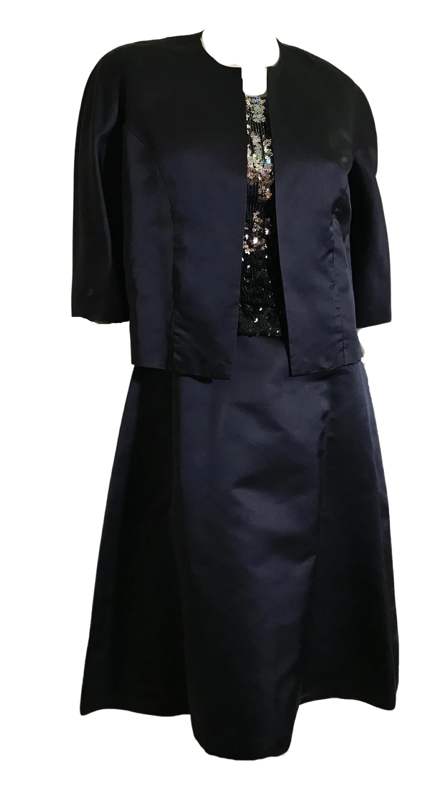 Sparkling Silver Star Sequined Bodice 3 Pc Deep Blue Silk Dress with Jacket circa 1960s