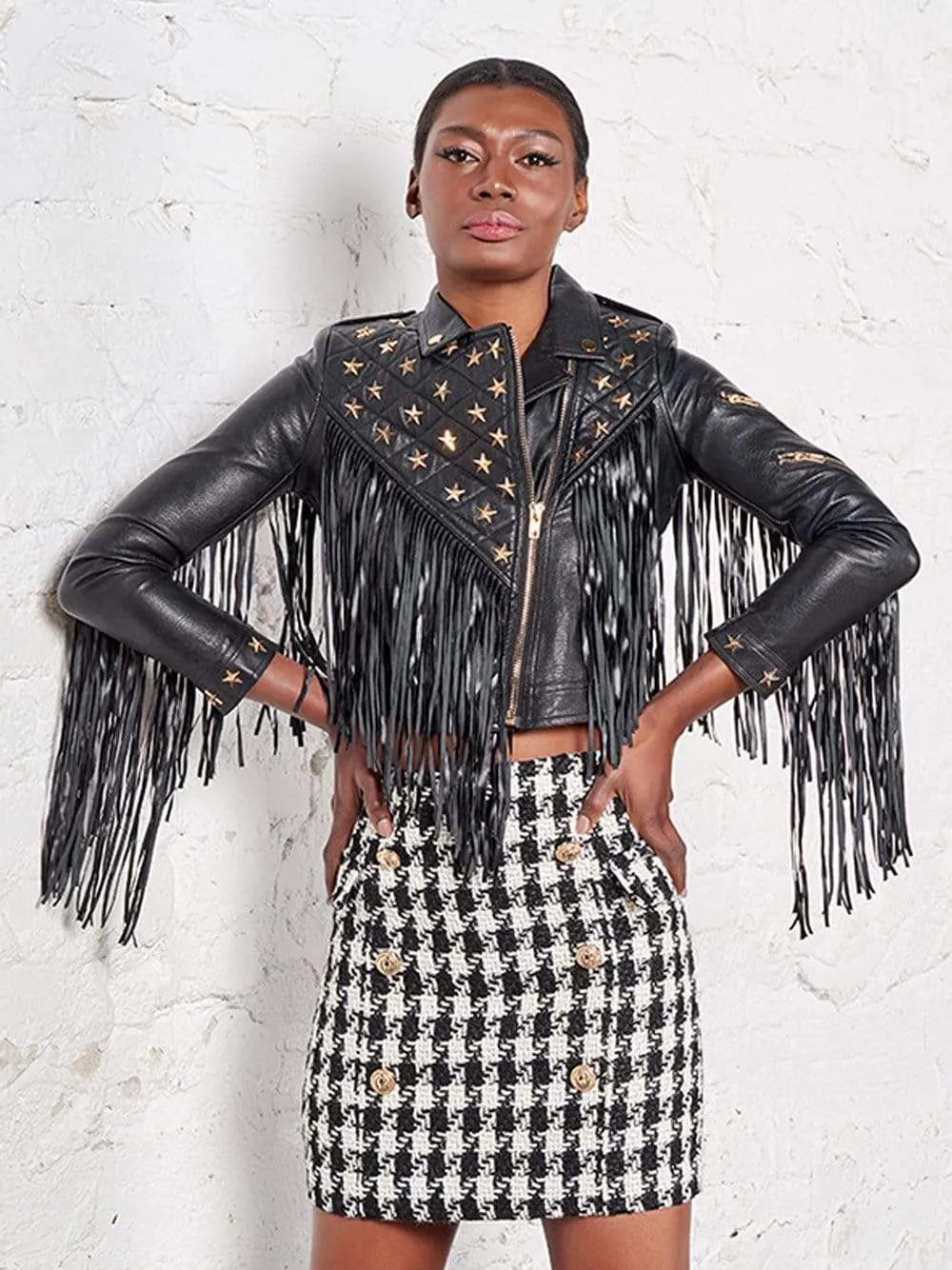 Star-Beaded Slim Fringed Motorcycle Jacket