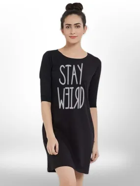 STAY WEIRD PRINTED T-SHIRT THREE QUARTER SLEEVE SIDE POCKET  FOR WOMEN'S