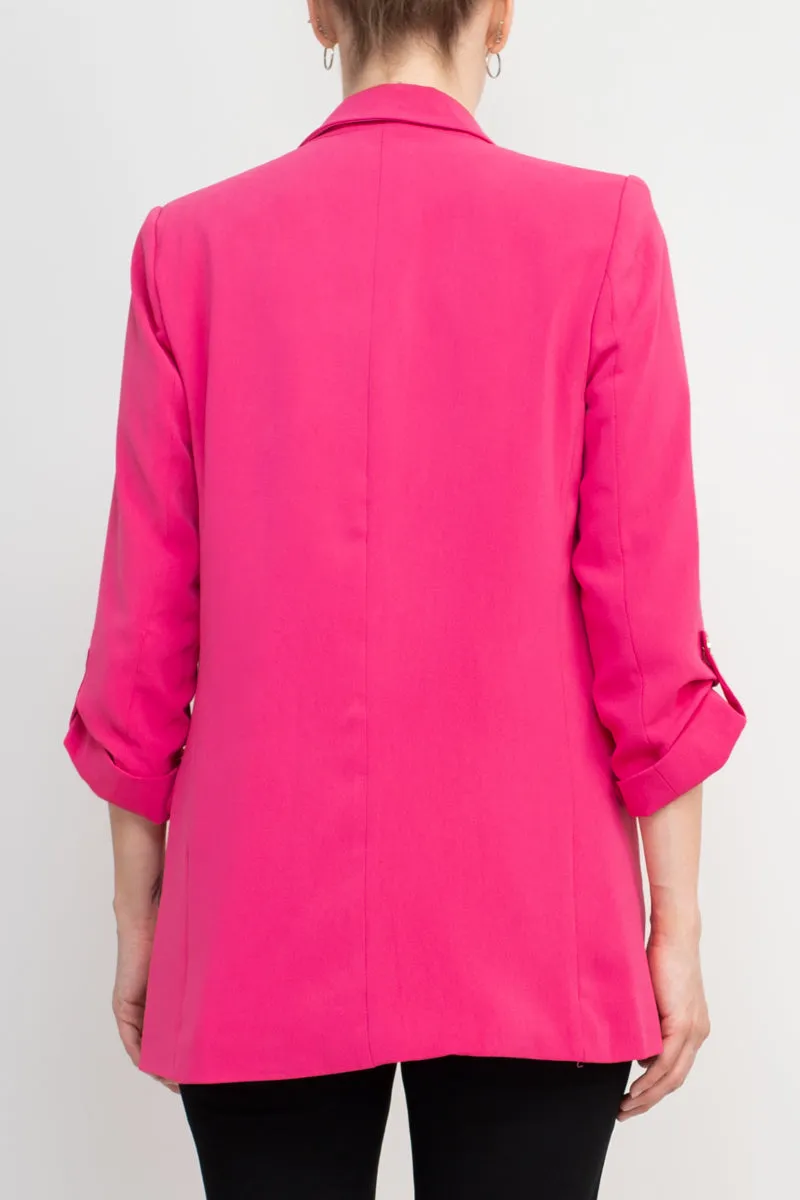 T Tahari Lapel Collar 3/4 Roll Sleeve Open Front Woven Jacket