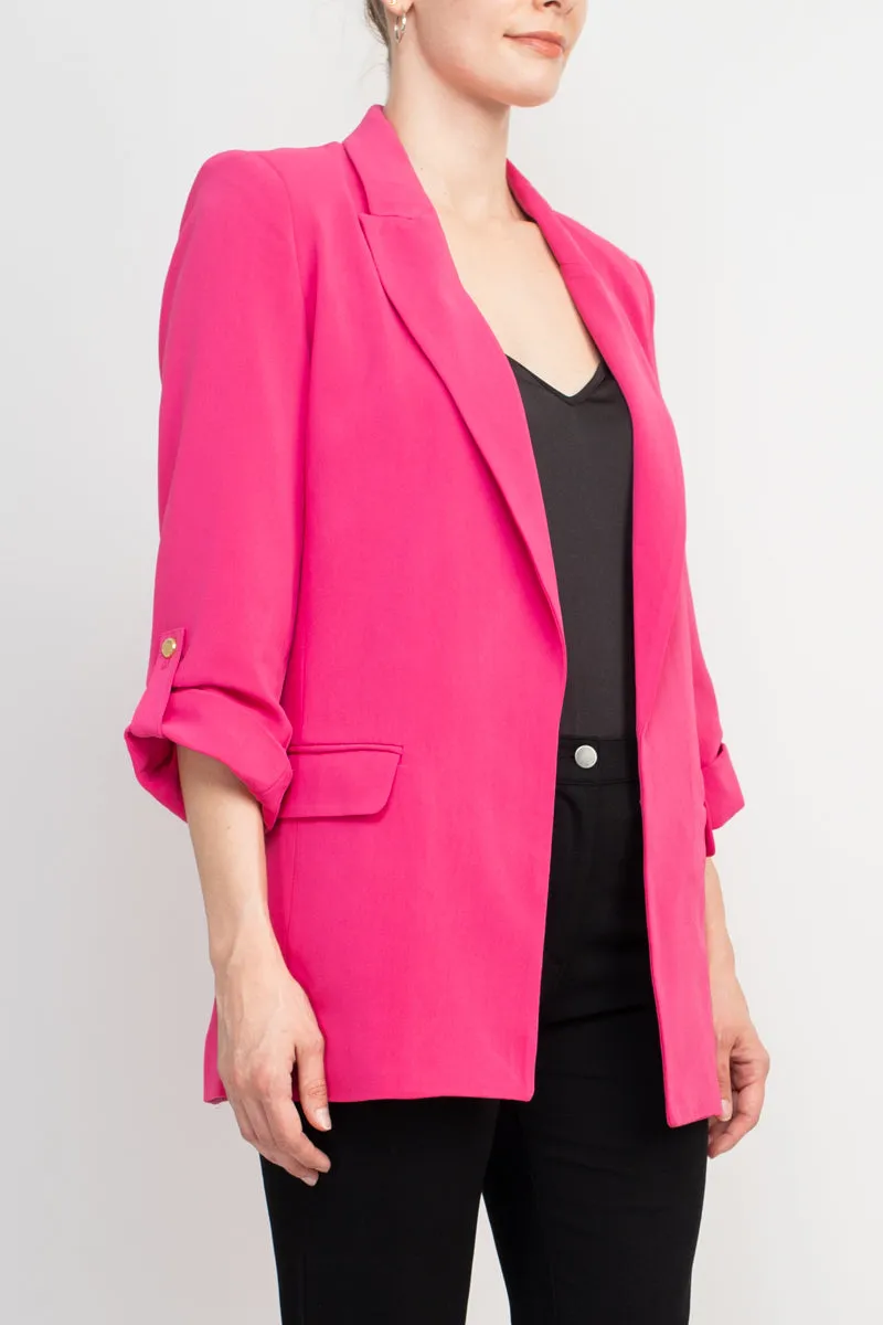 T Tahari Lapel Collar 3/4 Roll Sleeve Open Front Woven Jacket