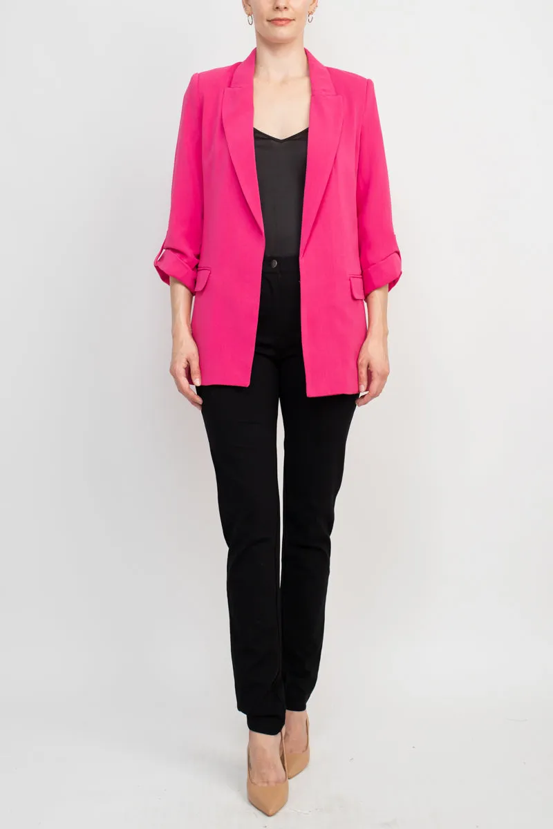 T Tahari Lapel Collar 3/4 Roll Sleeve Open Front Woven Jacket