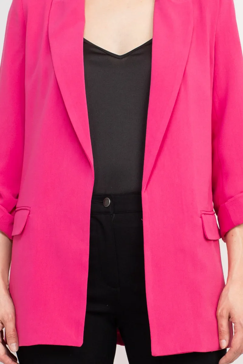 T Tahari Lapel Collar 3/4 Roll Sleeve Open Front Woven Jacket