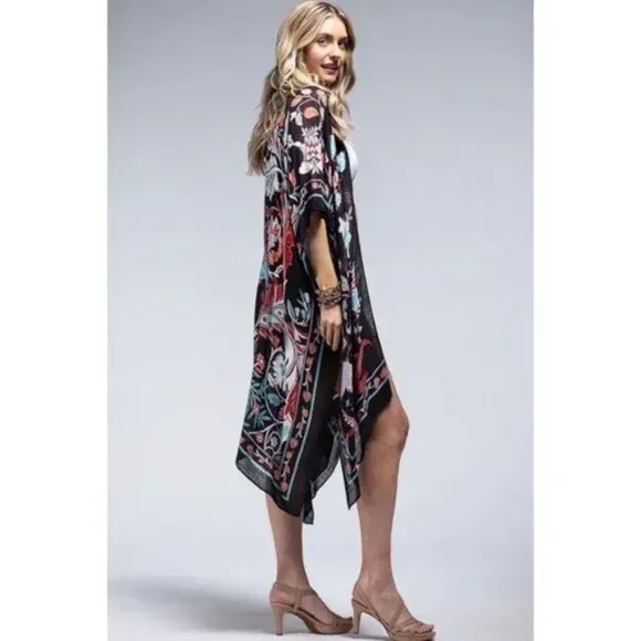 Teal Black Leaf & Flower Printed Kimono Open Wrap Coverup Kimono Top One Size