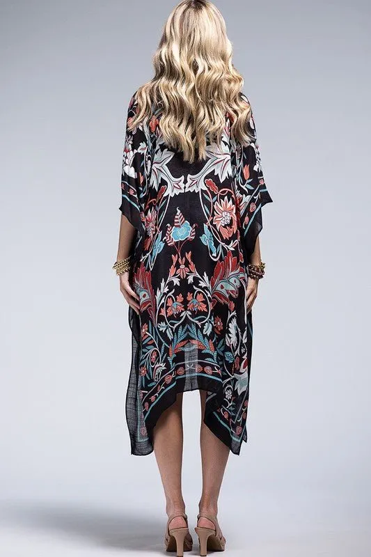 Teal Black Leaf and Flower Print Kimono