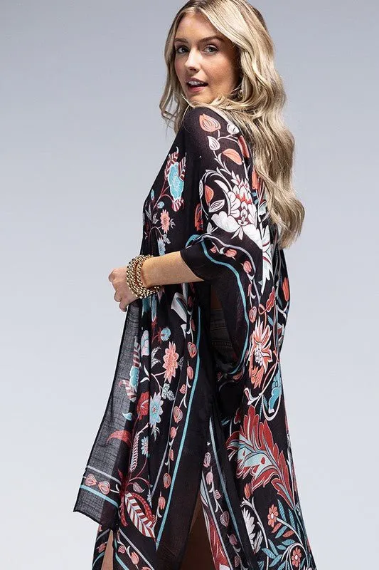 Teal Black Leaf and Flower Print Kimono