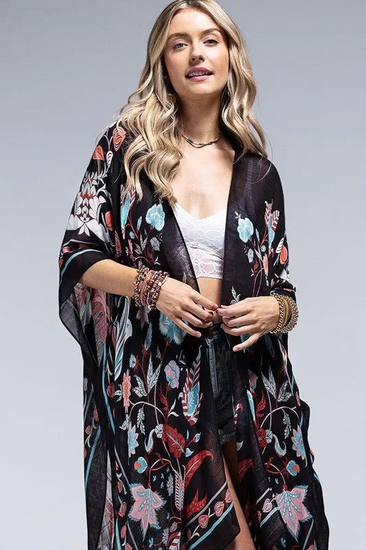 Teal Black Leaf and Flower Print Kimono