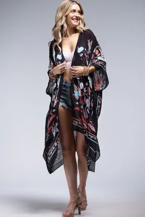 Teal Black Leaf and Flower Print Kimono