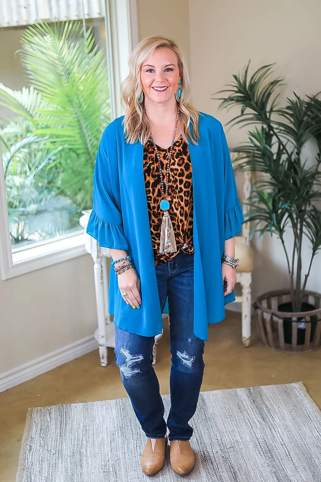 Tell Me About It Sheer Kimono with Ruffle Sleeves in Teal Blue