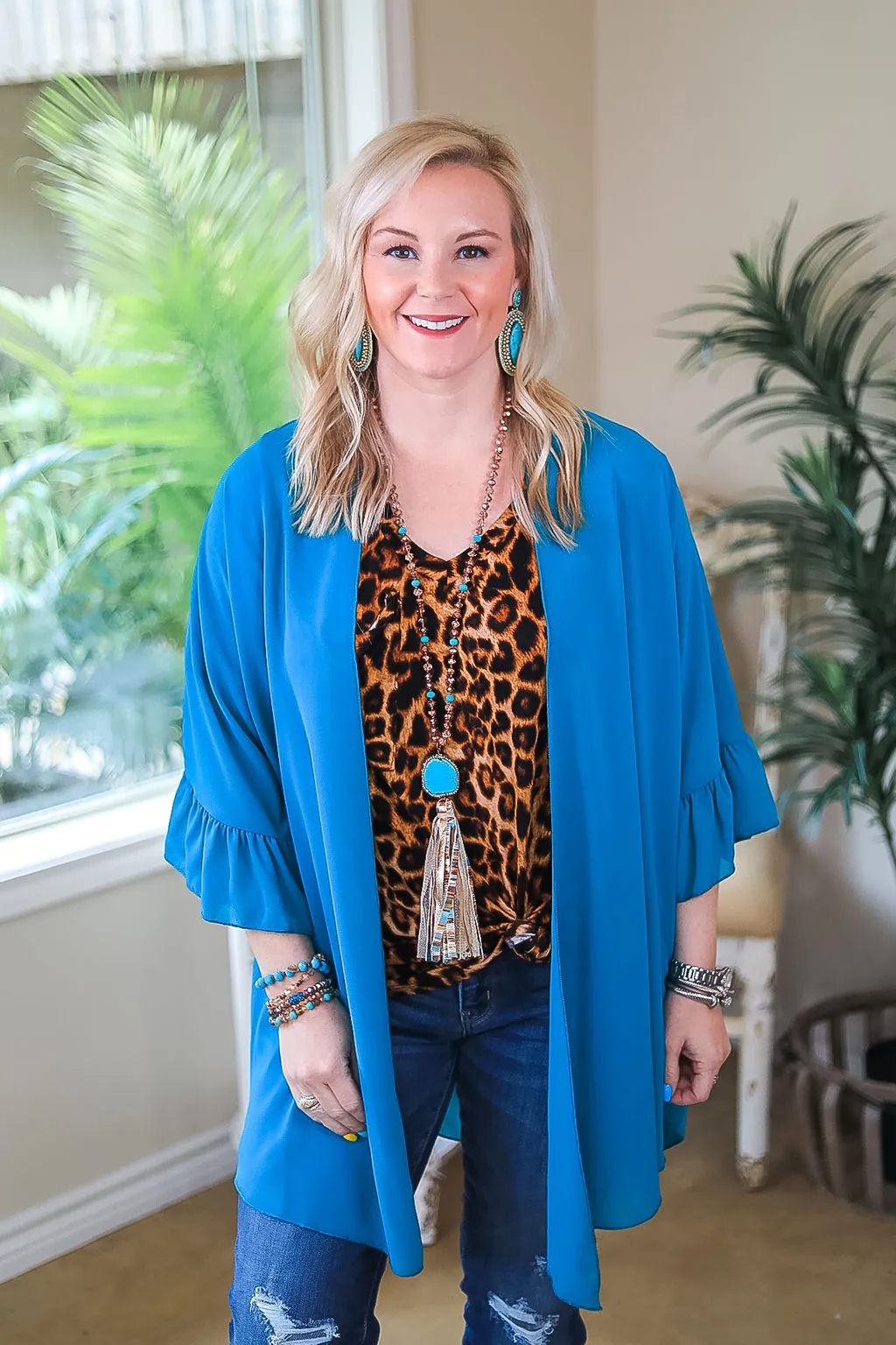 Tell Me About It Sheer Kimono with Ruffle Sleeves in Teal Blue