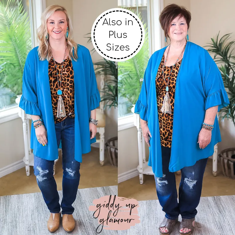 Tell Me About It Sheer Kimono with Ruffle Sleeves in Teal Blue