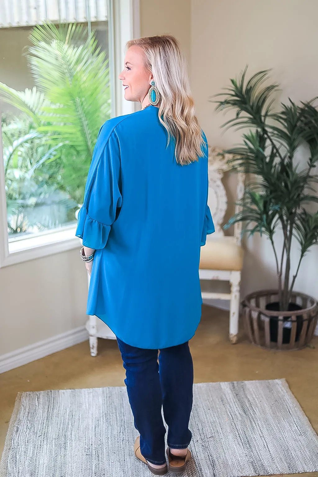 Tell Me About It Sheer Kimono with Ruffle Sleeves in Teal Blue