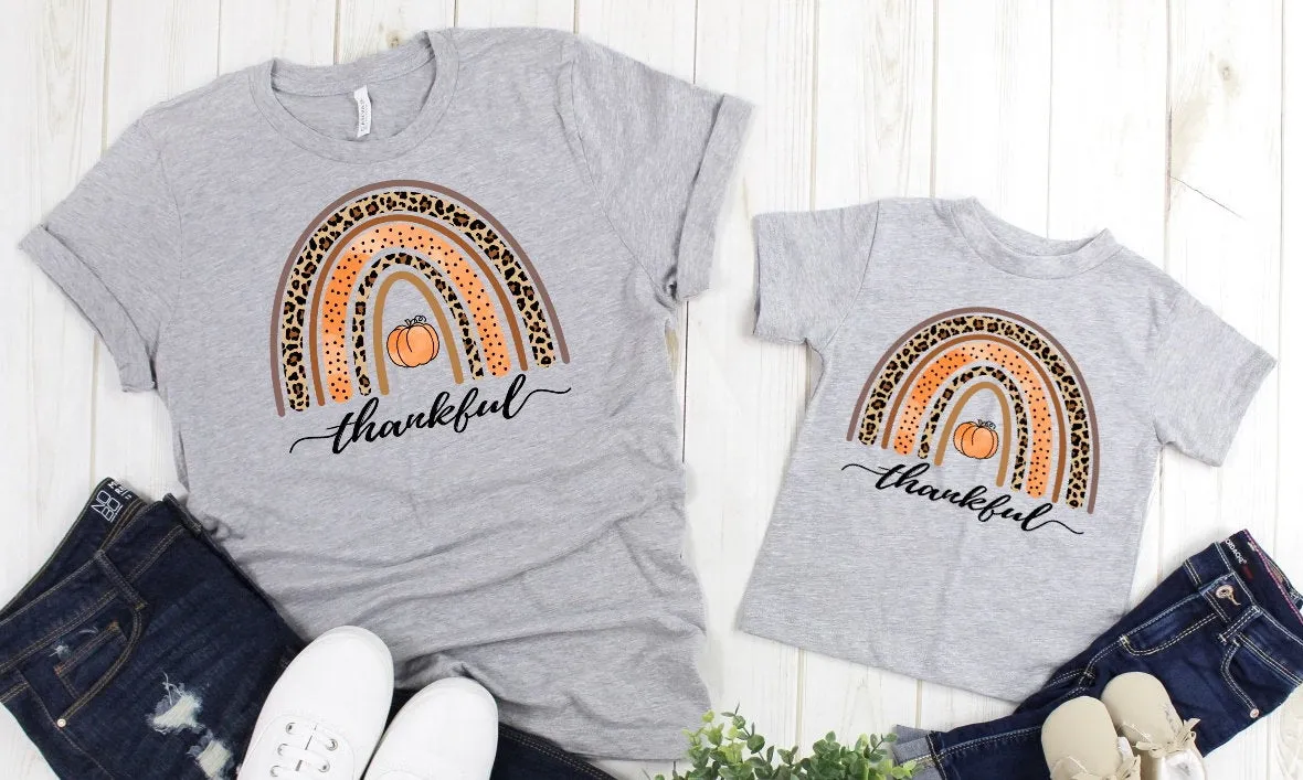 Thankful Rainbow Pumpkin Fall Thanksgiving Watercolor Leopard Thanksgiving Fall Autumn Adult Kids Toddler Baby Shirt