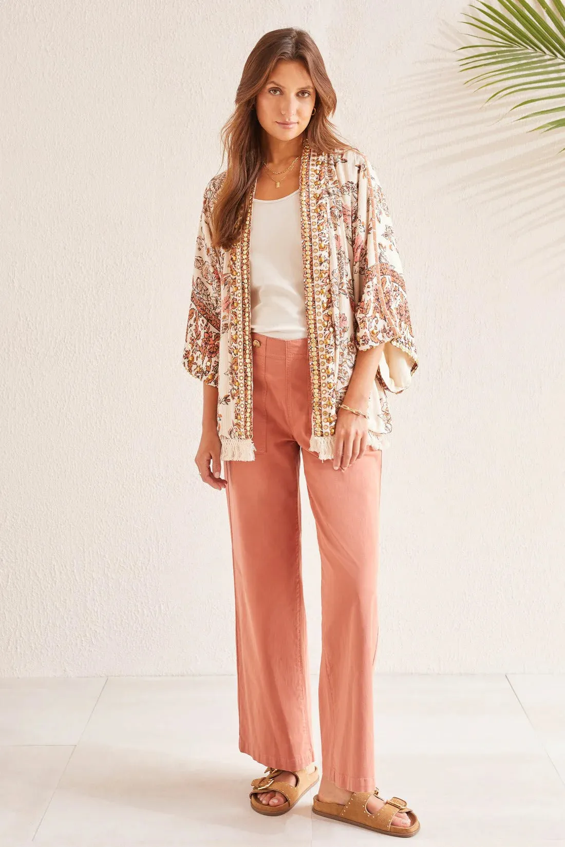 TRIBAL WOMEN'S EMBELLISHED KIMONO - CASHEW