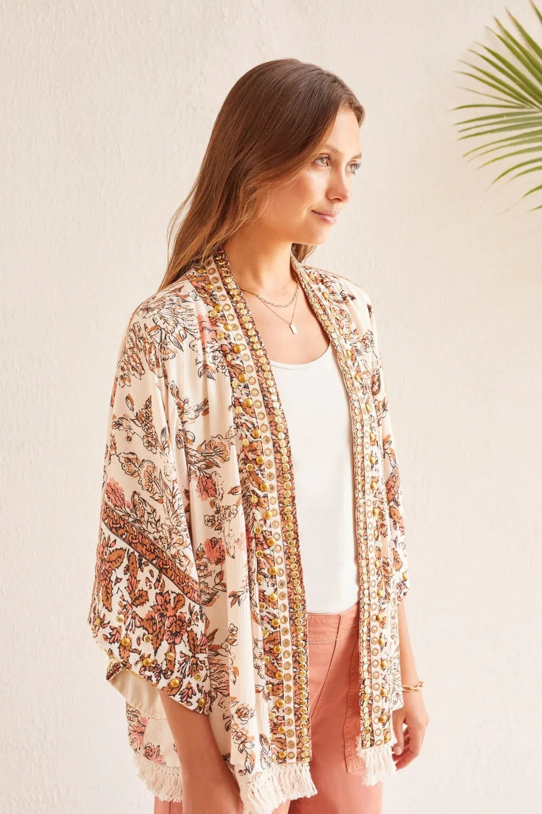TRIBAL WOMEN'S EMBELLISHED KIMONO - CASHEW