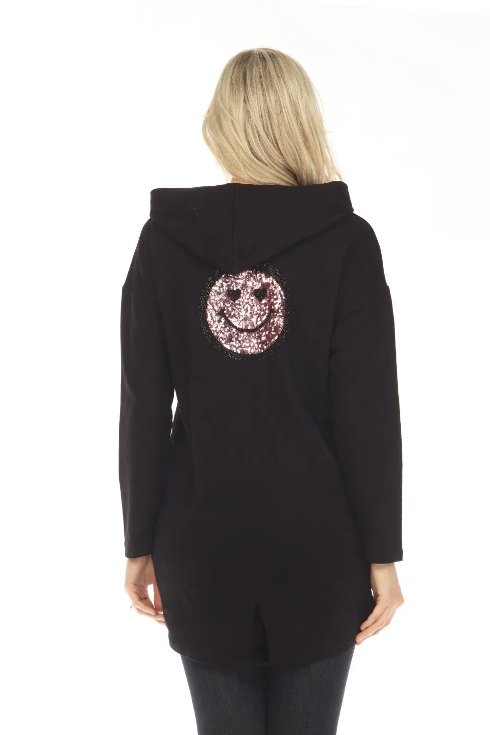 Tricotto Black Sequined Split Back Zip-Up Long Hooded Jacket C-130