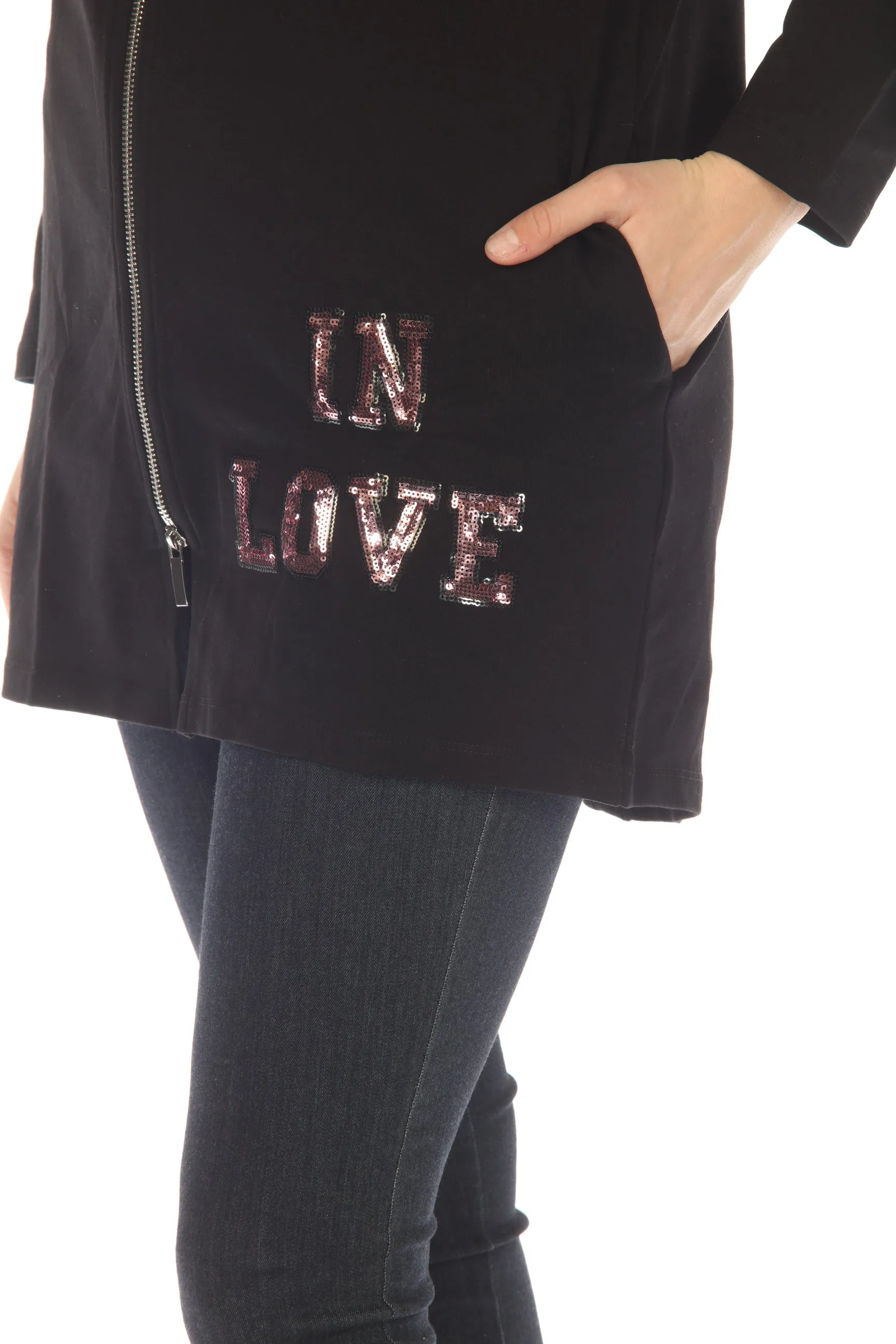 Tricotto Black Sequined Split Back Zip-Up Long Hooded Jacket C-130