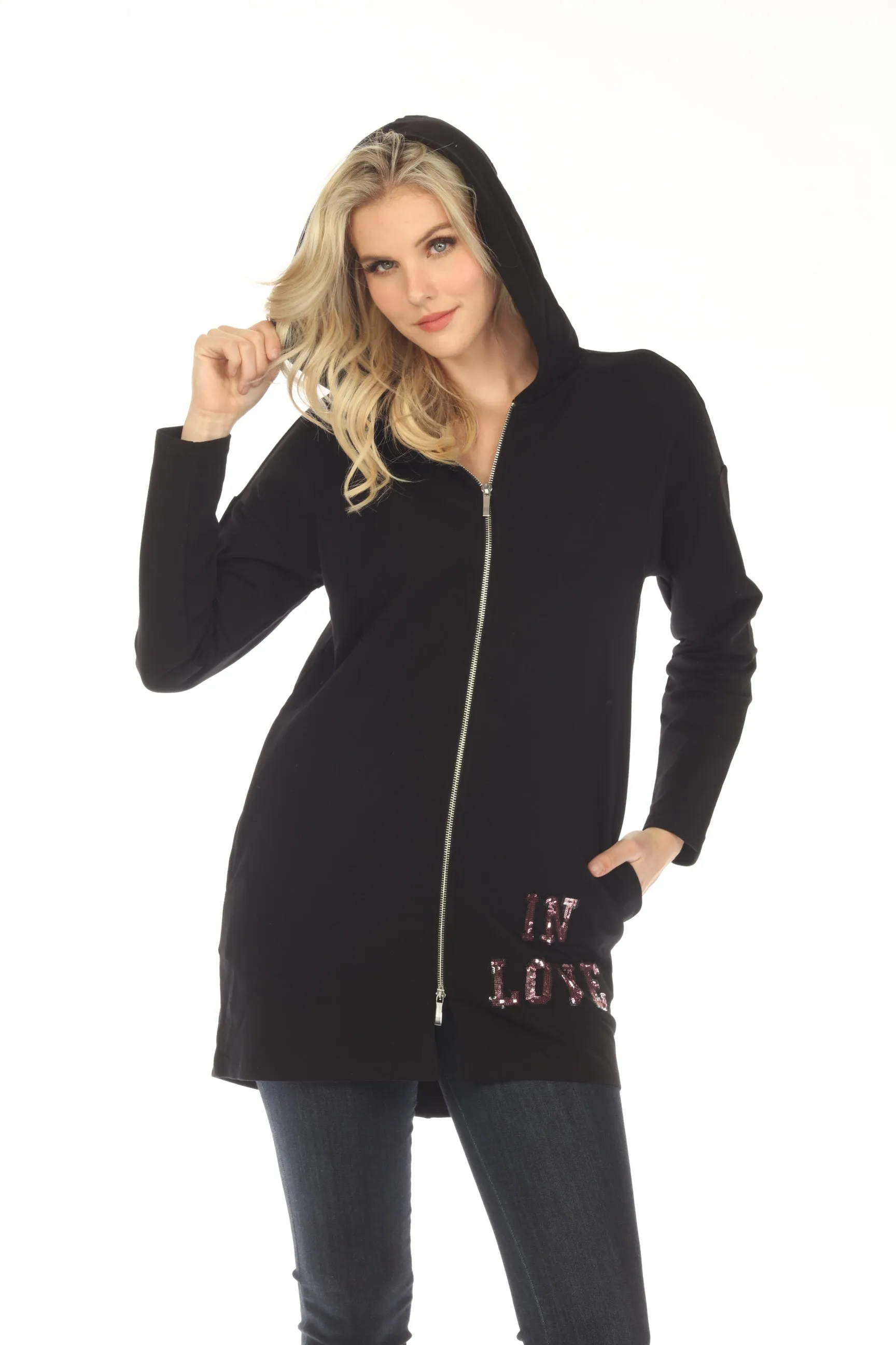 Tricotto Black Sequined Split Back Zip-Up Long Hooded Jacket C-130