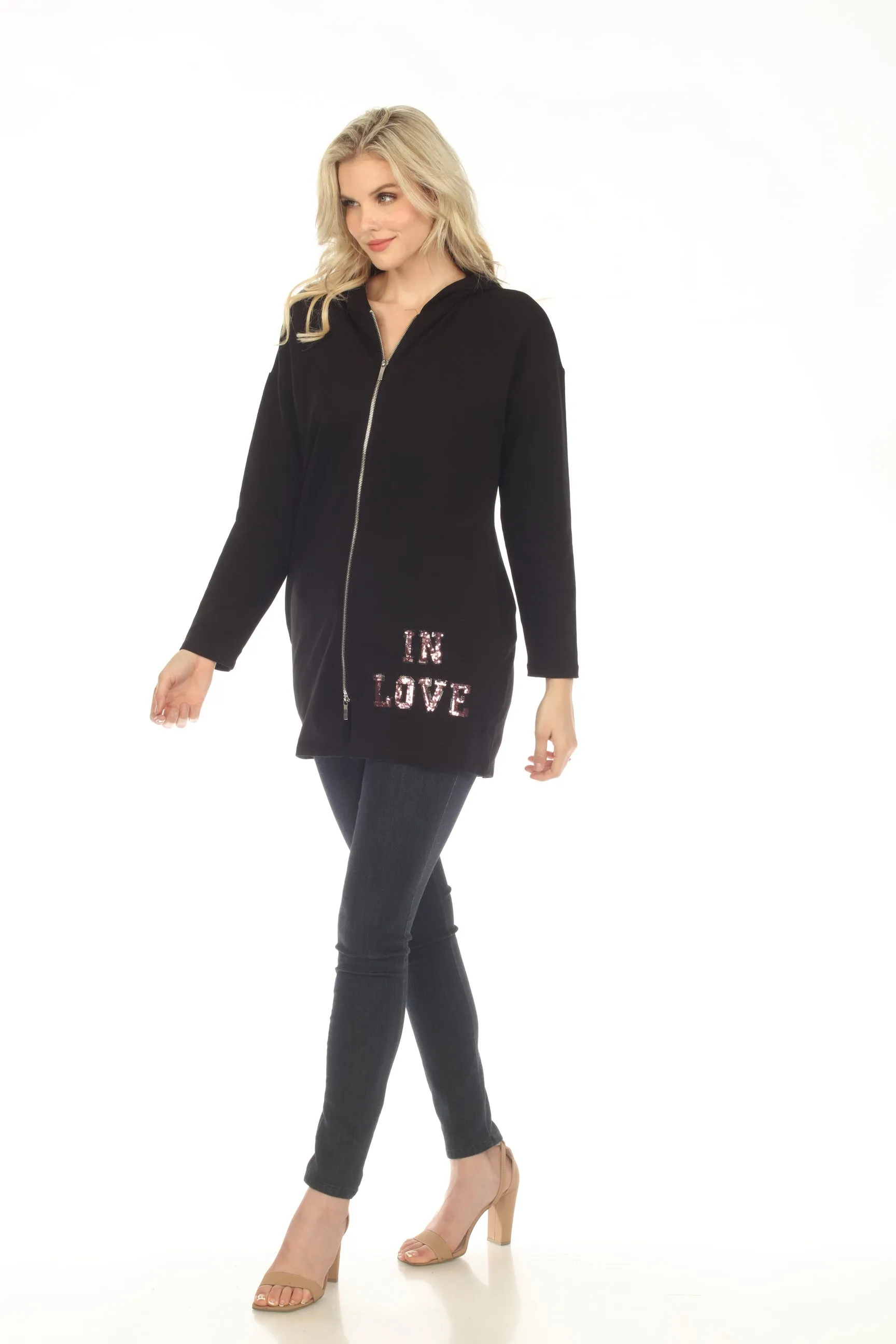 Tricotto Black Sequined Split Back Zip-Up Long Hooded Jacket C-130