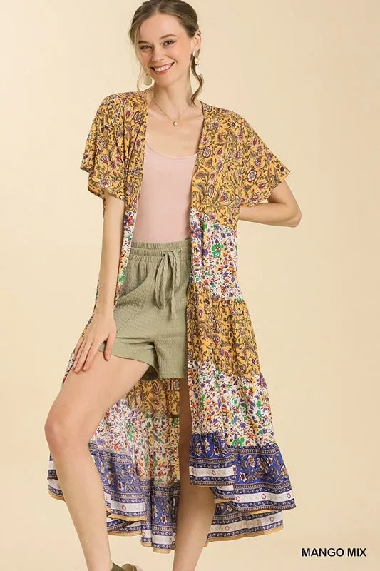 Umgee Mixed Print Tiered Long Kimono - Mango Mix