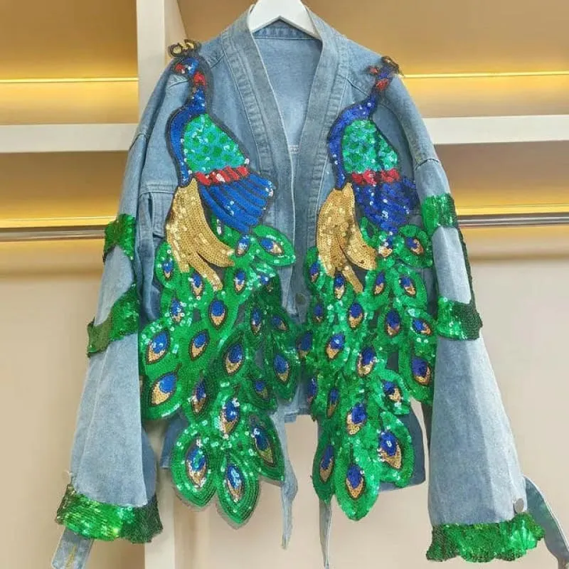 V-neck 3d Peacock Sequined Embroidered Denim Jacket for Women